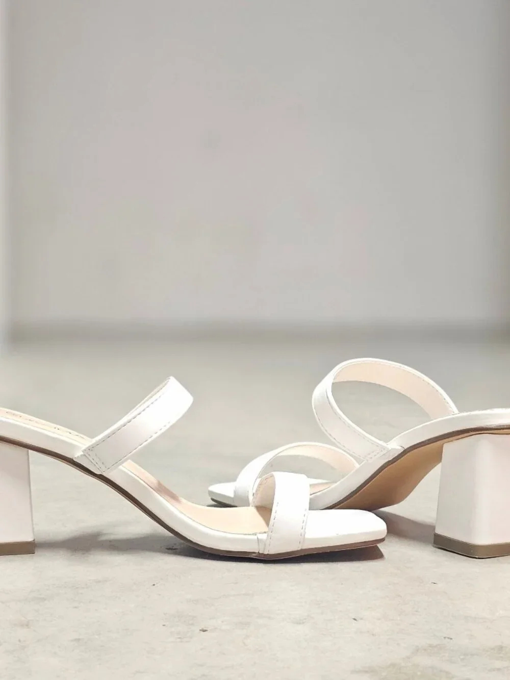 White Faux Leather Block Heel Sandals With Double Straps & Square Toe For Women